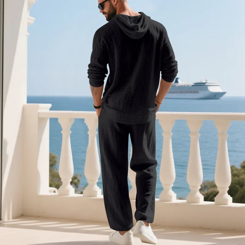 Conjunto informal holgado de lino para hombre, camisa Henry de manga larga y pantalones largos, conjunto cómodo y transpirable a la moda para otoño 2025