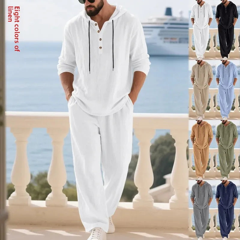 Conjunto informal holgado de lino para hombre, camisa Henry de manga larga y pantalones largos, conjunto cómodo y transpirable a la moda para otoño 2025