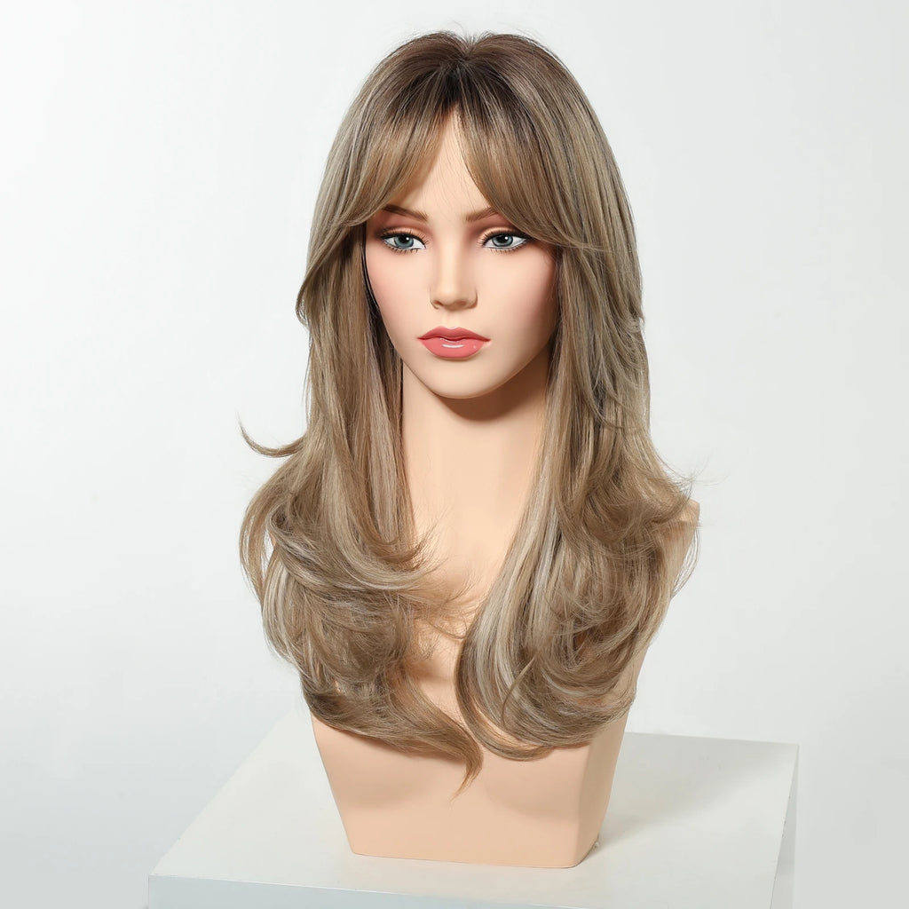 Pelucas Allbell Magique de largo ondulado en capas, pelo marrón miel con flequillo lateral para mujeres, pelucas sintéticas naturales resistentes al calor para uso diario