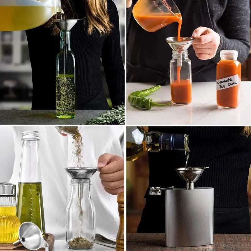 Juego de embudos de acero inoxidable, embudos metálicos de calidad alimentaria con cepillo de limpieza para llenar botellas, herramienta de filtro de aceite y líquido de cocina, 3 uds.