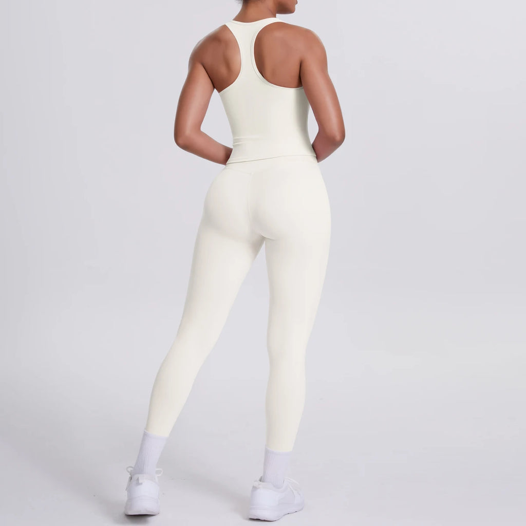 Hamidou - Conjunto de yoga de 2 piezas para mujer: leggings de fitness de secado rápido con efecto push-up y top deportivo con espalda en I de color liso.
