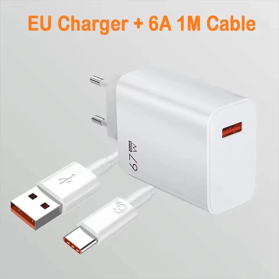 Cargador USB GaN de 67W con Carga Rápida, Cargador de Pared con Cable USB Tipo-C de 6A, Carga Rápida 3.0, Enchufe para iPhone, Samsung, Xiaomi