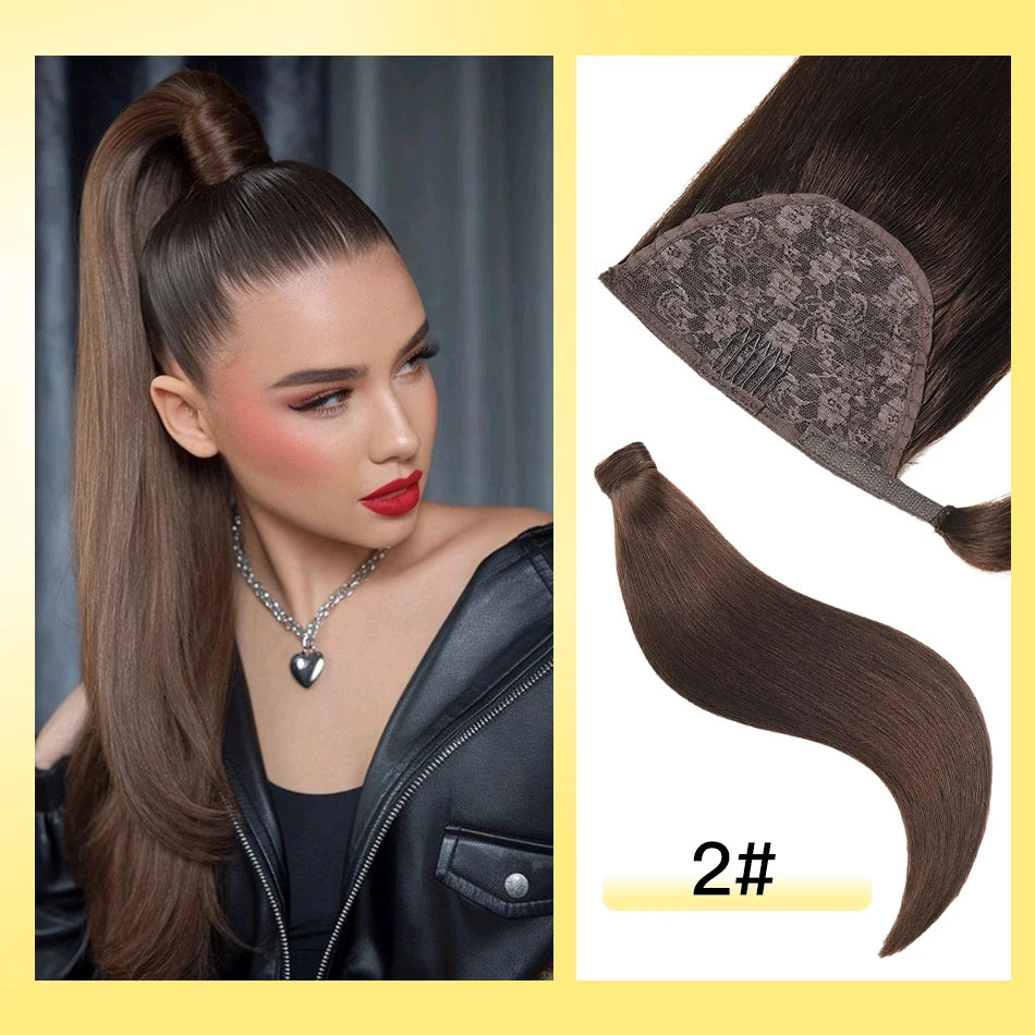 Cola de Caballo de cabello humano Yelo, Clip envolvente en pieza de cabello, extensión de cola de caballo, cabello humano liso con pasta mágica