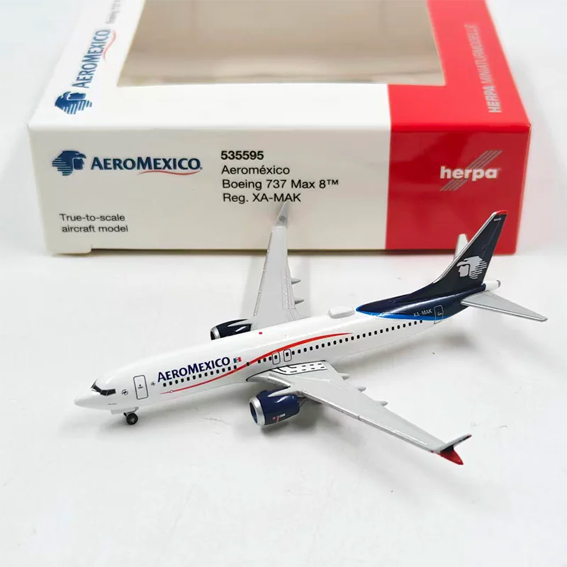 Modelo de avión de pasajeros Herpa Diecast Alloy a escala 1:500, Boeing 737 MAX 8 535595 de México, para exhibición y colecciones.