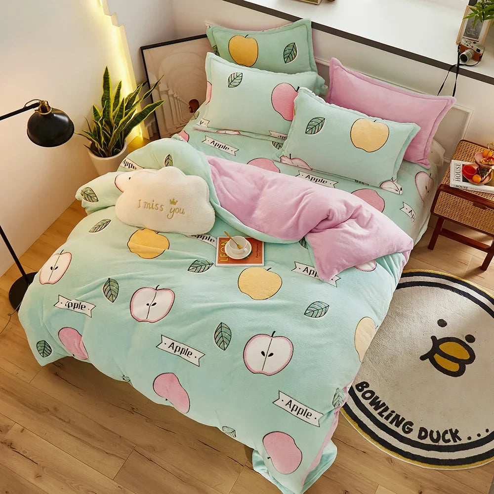Funda nórdica de lana gruesa y cálida de franela Coral para invierno, juego de cama de terciopelo de doble cara, funda de edredón individual doble Queen King Size