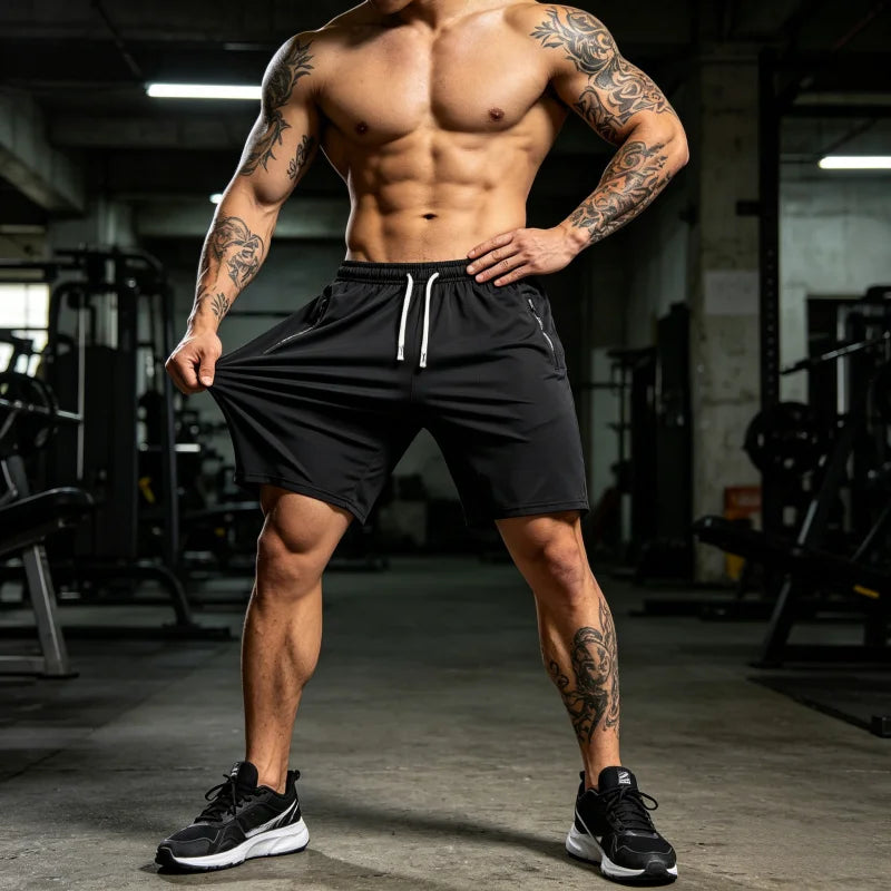 Pantalones cortos de verano para hombre, de color liso, deportivos y casuales, cintura elástica con cordón, bolsillos laterales con cremallera, corte holgado, tela de alta elasticidad
