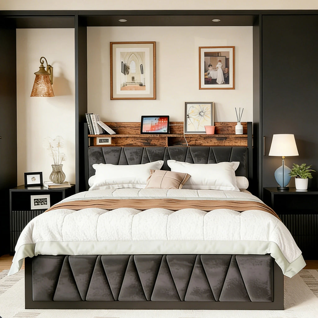 Plataforma de marco de cama, Bases de cama de madera laterales modernas, cajones, gabinetes, soporte de listones, cabecera, colchón de tamaño completo, base para camas