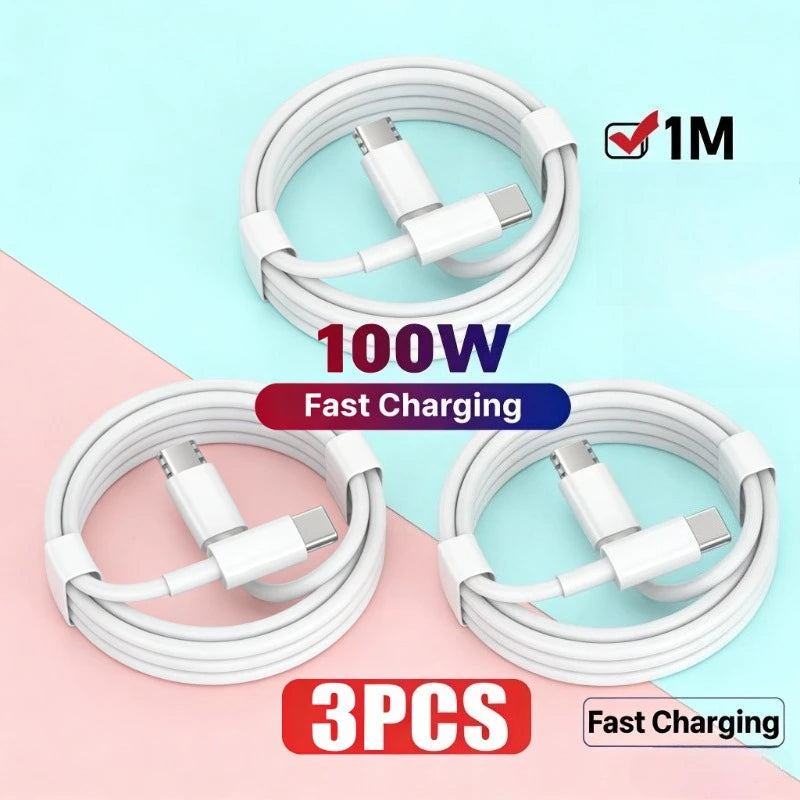 Cable de datos de carga súper rápida USB C a C, 3 uds., 100W, cable trenzado para IPhone 15, 15 Pro Max, Huawei, Samsung, Xiaomi, blanco, 1M, 2M