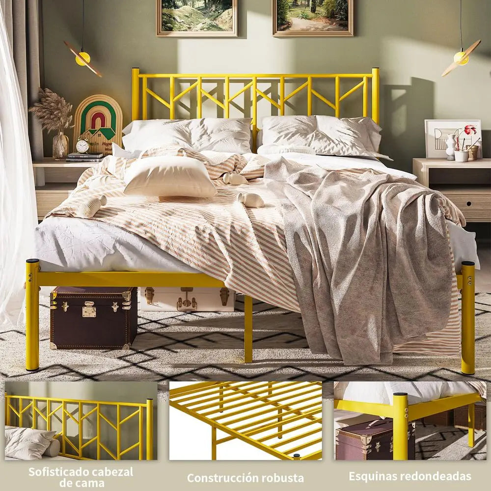 Base de Cama Matrimonial, Base de Cama Matrimonial con Metal, Cama Matrimonial con Cabecero de Metal, Bases de Cama con Soporte de Láminas