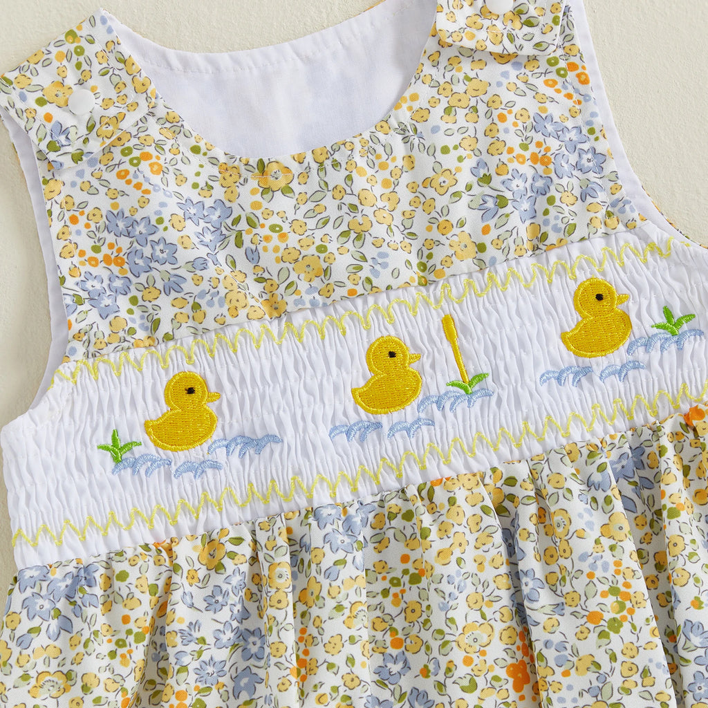 Lindo pelele de verano para bebé niña con bordado de pato, sin mangas, cuello redondo, dulce mono floral, trajes de sol
