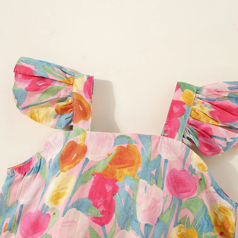 Conjunto de verano de 2 piezas con tirantes y pantalones cortos para niña, Top con tirantes de manga voladora pequeña con estampado de tulipán de dibujos animados