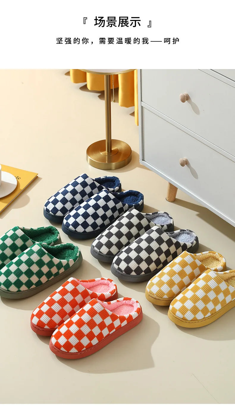 Zapatilla a cuadros para mujer, invierno cálido, hogar, dibujos animados Kawaii, Contton de felpa, interior, divertido, lindo, peludo, zapatos de suelo para casa, tablero de ajedrez femenino