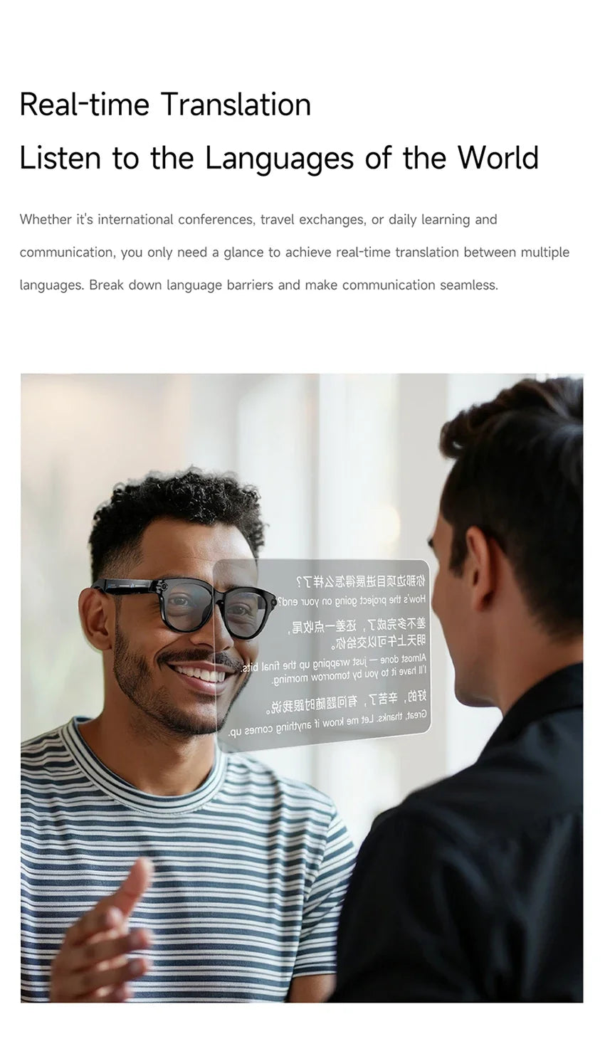 Gafas Inteligentes Xiaomi con IA, Cámara de Video de 800W, Traducción Multifuncional por IA, Minutas de Reuniones, Control de Música, Transmisión Wifi
