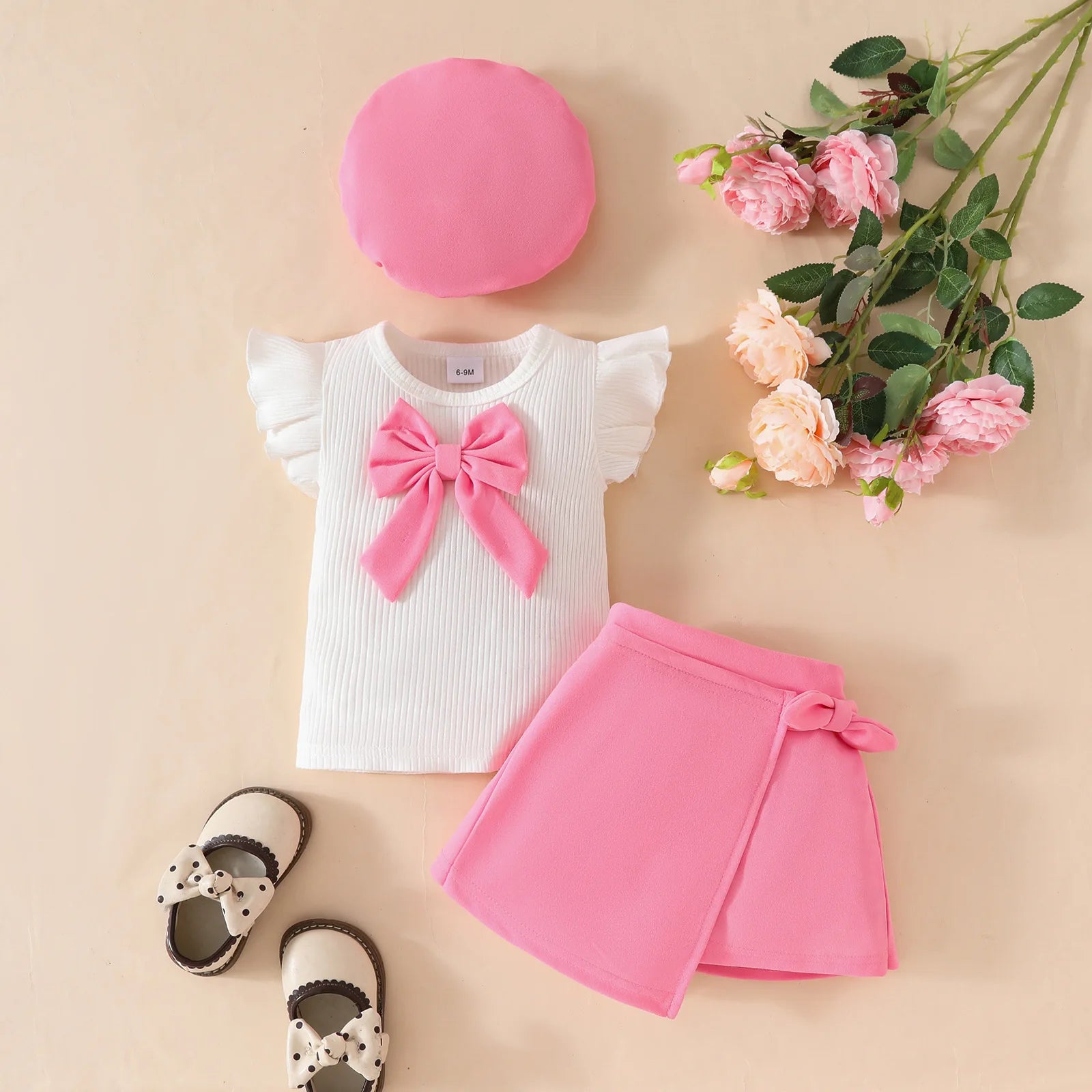 Conjunto de ropa de Año Nuevo para niñas de 0 a 3 años, Top de manga larga con lazo grande, falda Irregular y boina, ropa de Navidad para niños pequeños de 3 uds.