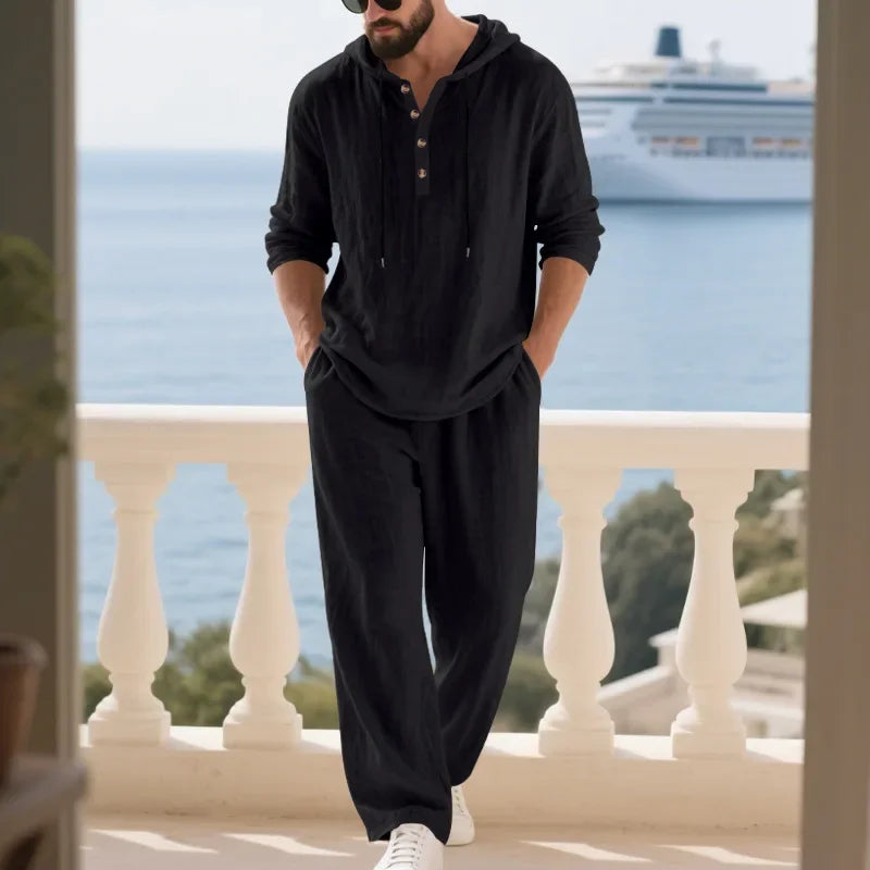 Conjunto informal holgado de lino para hombre, camisa Henry de manga larga y pantalones largos, conjunto cómodo y transpirable a la moda para otoño 2025