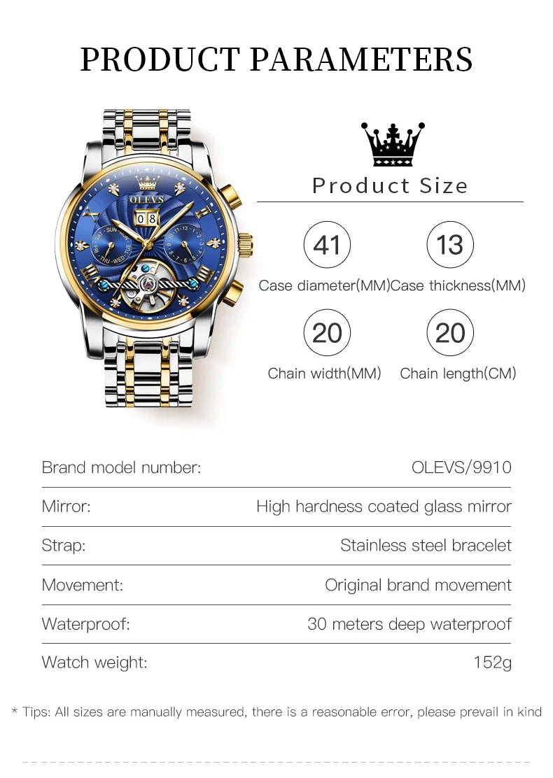 OLEVS 9910 Reloj para hombre Tourbillon de lujo Original Reloj mecánico automático Reloj luminoso resistente al agua con fecha y día con caja Reloj