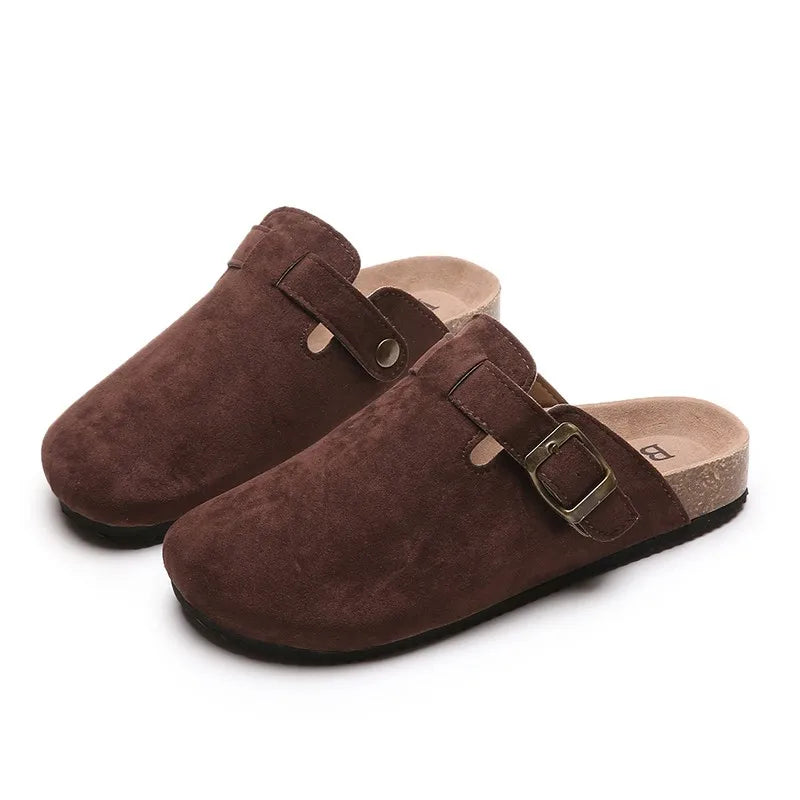 Sandalias de medio arrastre, zuecos para mujer, zapatillas de gamuza de corcho a la moda, zapatillas clásicas antideslizantes de corcho para exteriores con arco