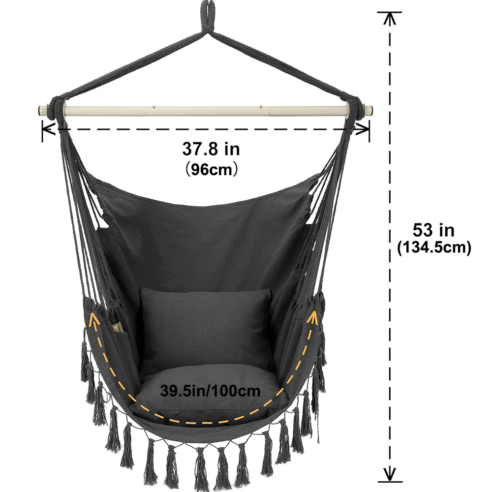 Silla Colgante de Macramé con 2 Almohadas |   Columpio de Cuerda de Algodón con Capacidad para 500 lb |   Diseño de bolsillo para uso en interiores/exteriores