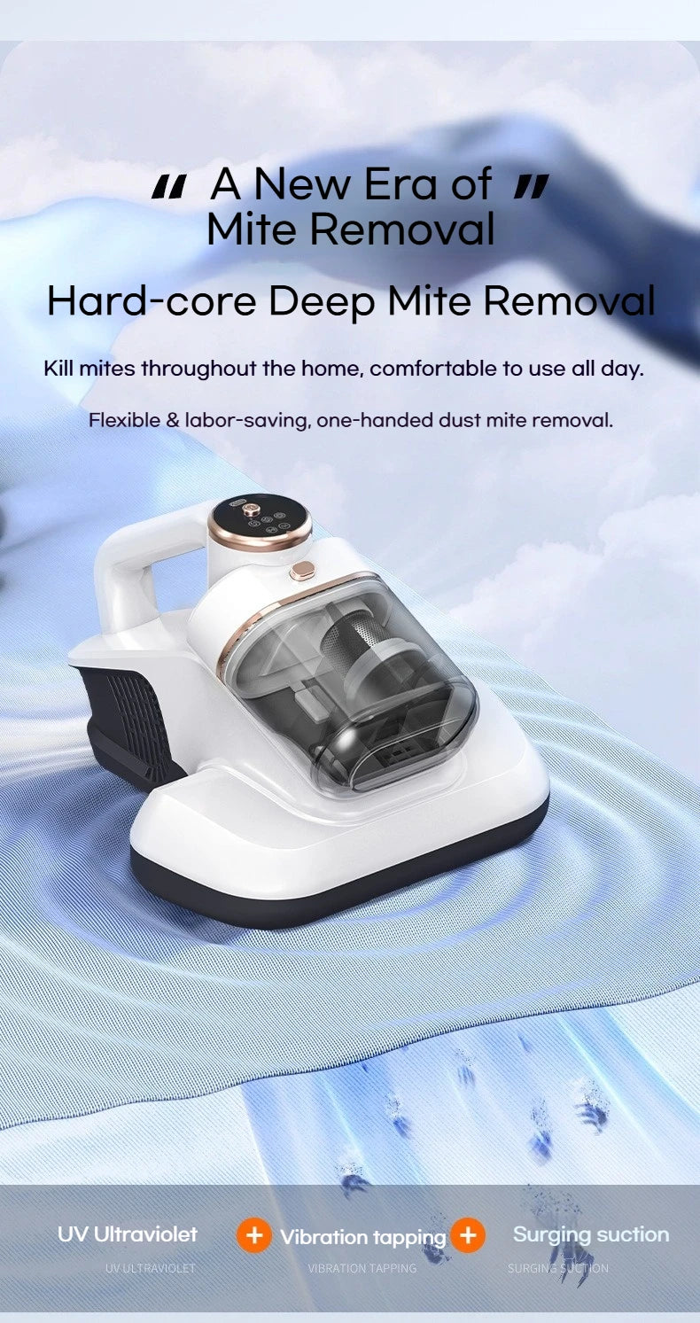 Eliminador Inalámbrico de Ácaros del Polvo, Succión de 10KPa, Filtración de Doble Copa, Esterilización UV, Vibración de Alta Frecuencia, para Cama y Sofá