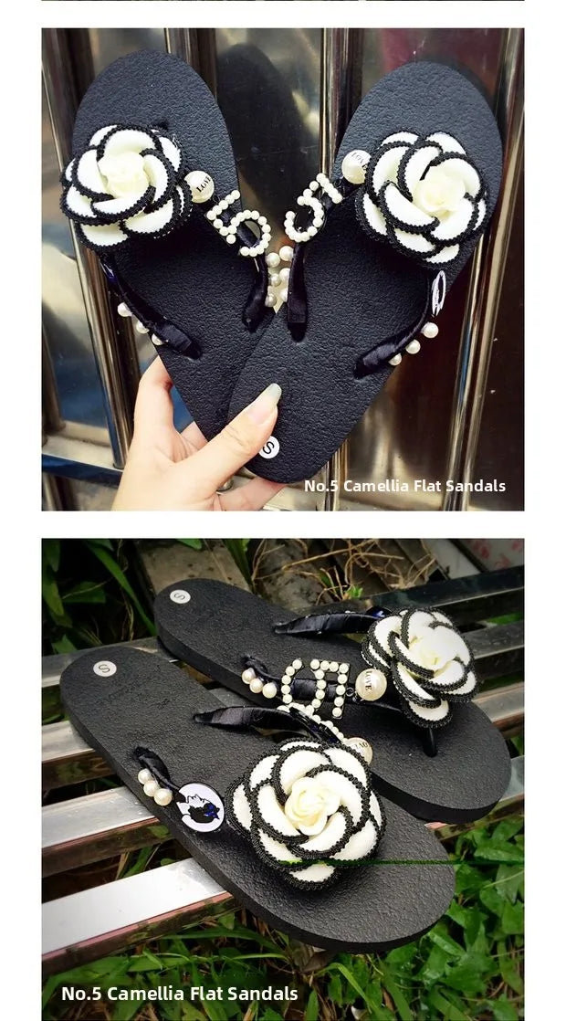 Sandalias Hechas a Mano con Suela Plana Antideslizante, Decoradas con Perlas, con Diseño de Flor de Camelia, Chanclas de Play...