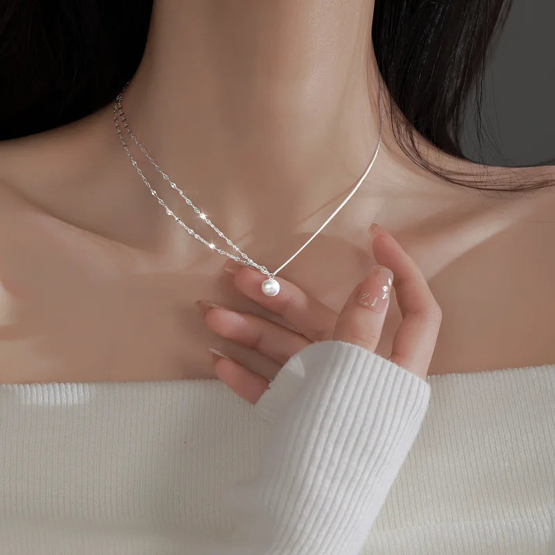 Collar de perlas de doble capa de Plata de Ley 925 con temperamento brillante, collar de cadena asimétrico, joyería de moda ﻿