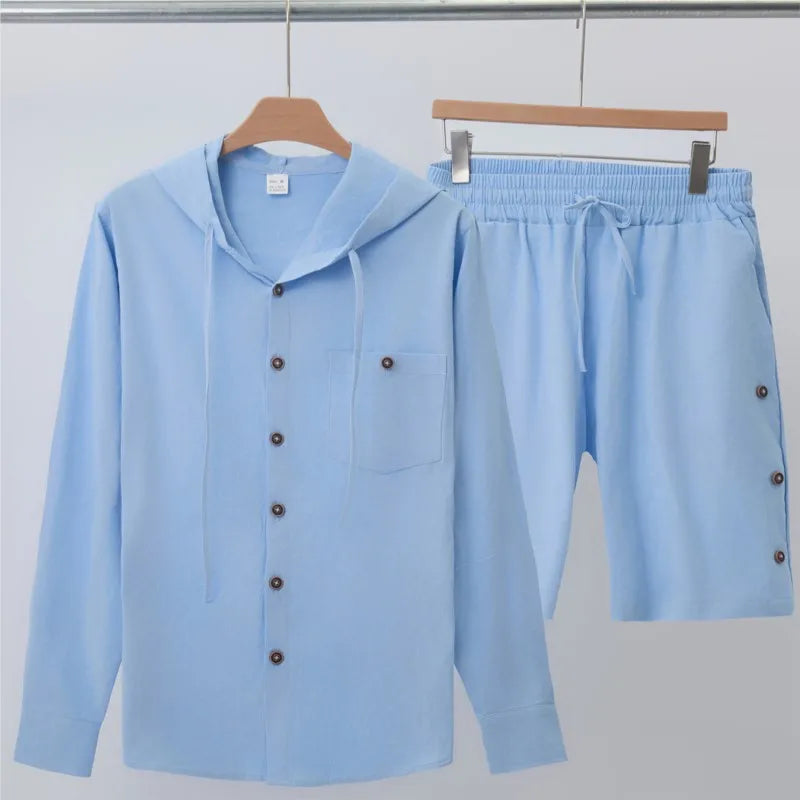 2025 Traje informal de lino y algodón hawaiano para hombre, novedad de verano, camisa informal de manga larga con capucha de color sólido y pantalones cortos, conjunto de 2 piezas