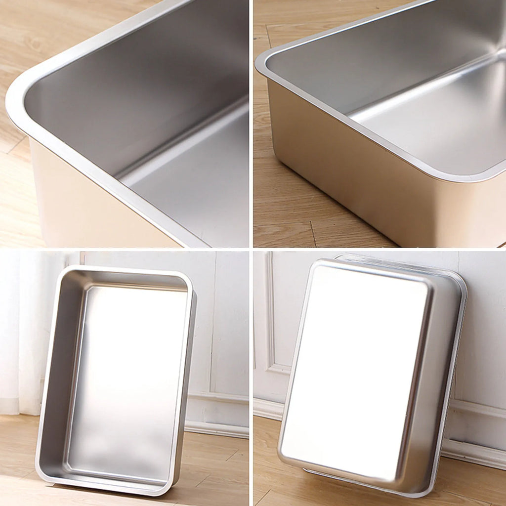 Caja de arena para gatos de acero inoxidable 304, bandeja de arena grande de acero inoxidable para interiores, sartén de Metal de alta cara para gatos, suministros de limpieza para gatos