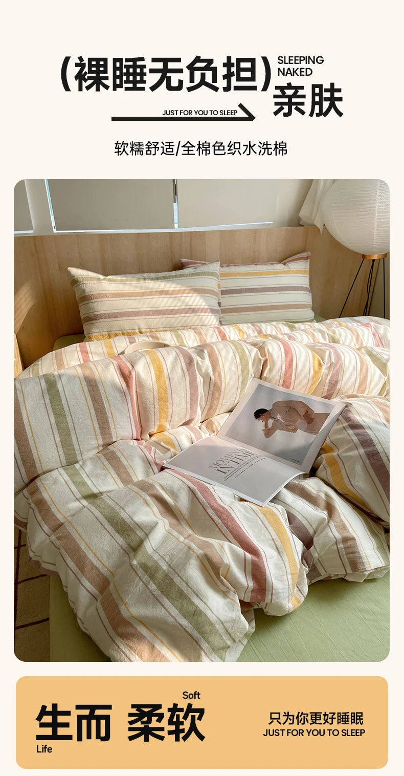 Juego de cama suave de algodón 100%, funda nórdica con estampado de rayas y funda de almohada, ropa de cama, colcha, fundas de almohada, juegos de edredón