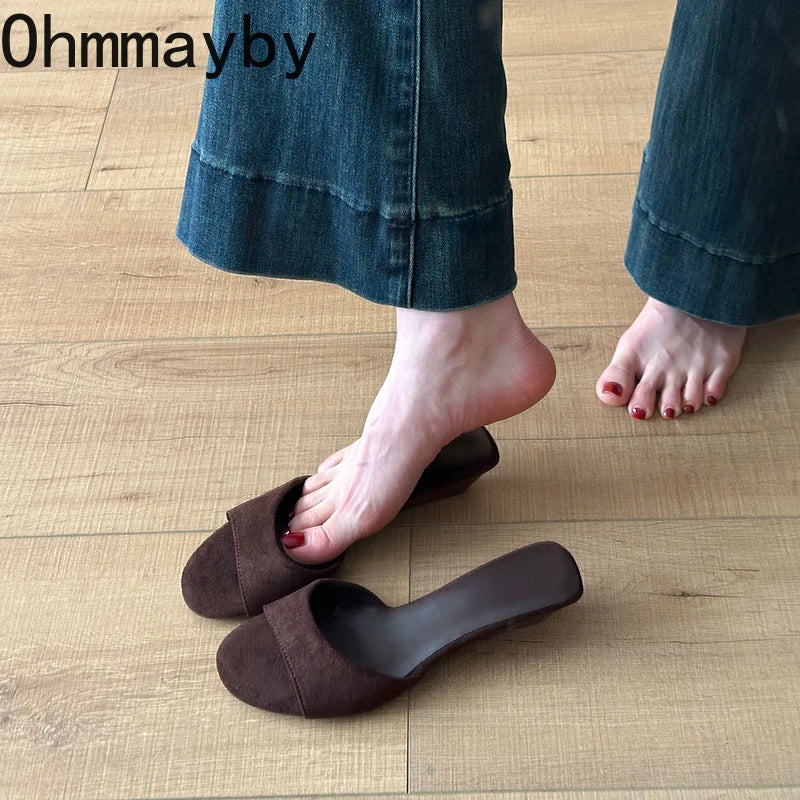 Sandalias de Verano para Mujer, Punta Abierta, Gamuza, Elegantes, Color Sólido, Tacón de Cuña, Zapatos de Vestir, Cómodas, para Playa y Exteriores