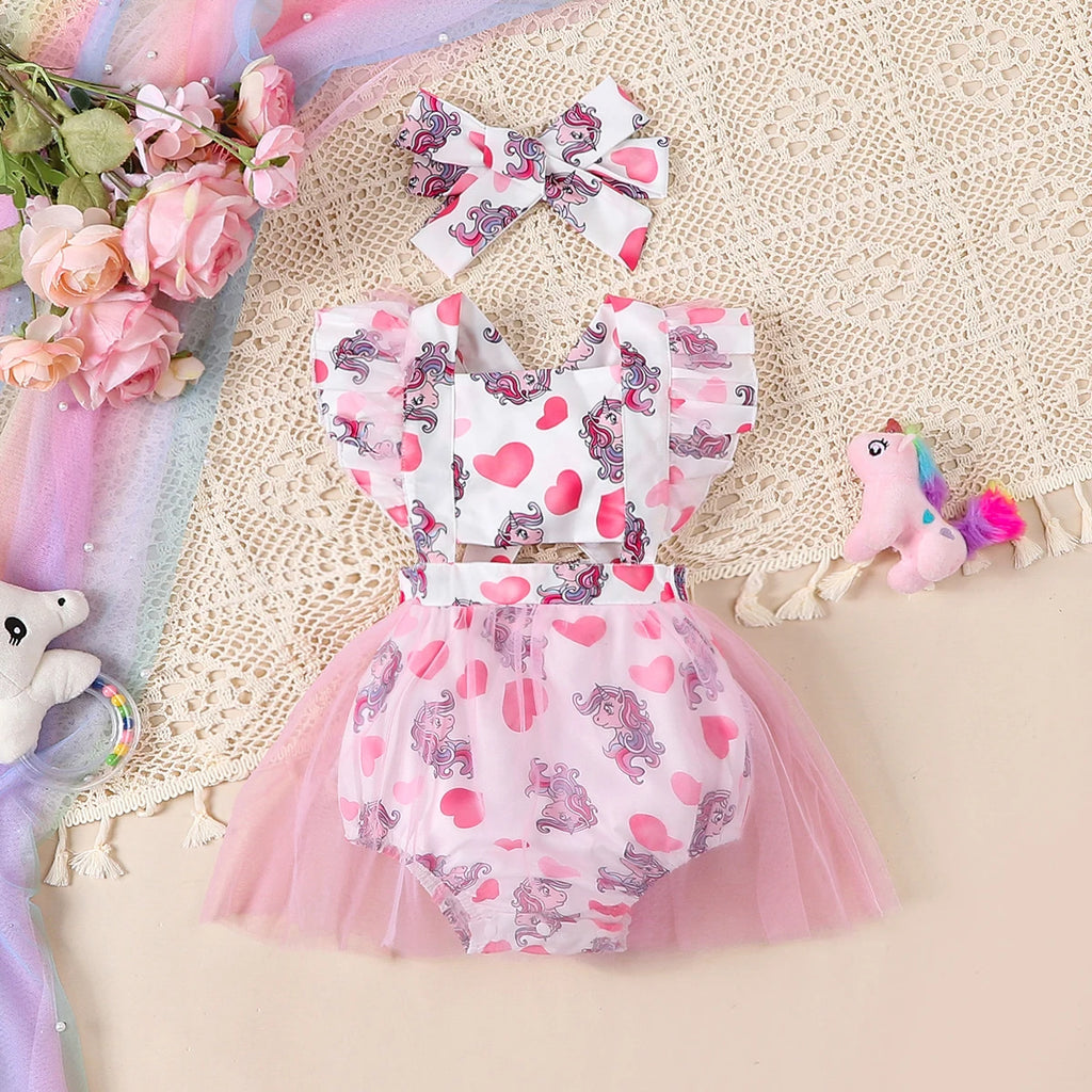    Bebé niña lindo casual amor impreso empalme correa de malla mono triangular (incluido accesorios para el cabello) verano