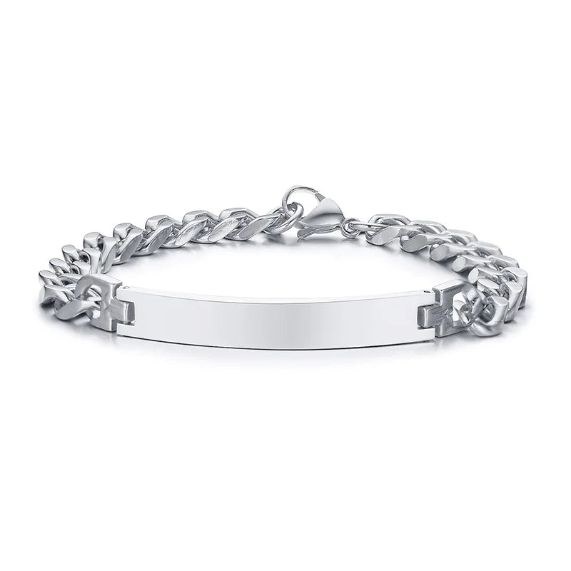 Pulsera de acero inoxidable con identificación de cadena para hombre, brazalete personalizado de Color plateado, barra personalizada con nombres, iniciales, fecha, joyería masculina