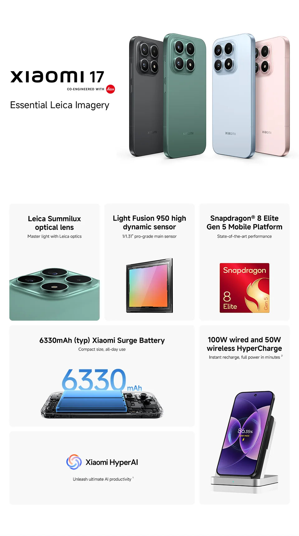 【Versión Global】 Xiaomi 17 Smartphone 5G 12GB RAM Batería de 6330mAh Cámara Leica de 50MP HyperCharge de 100W Snapdragon ®   8 Elite Gen 5
