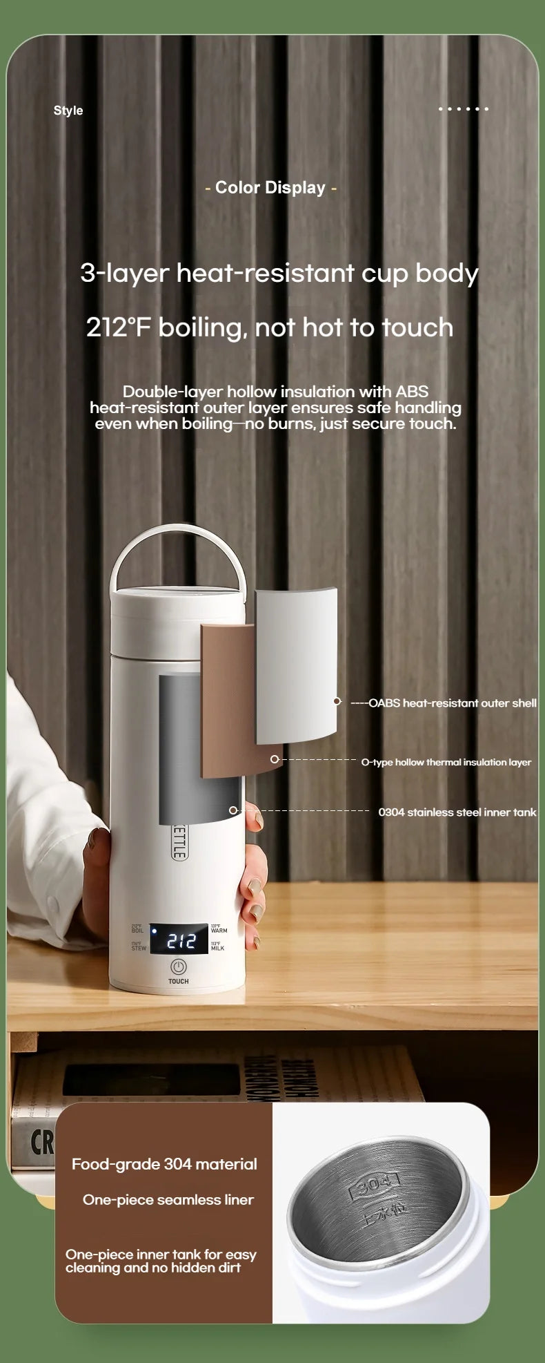 Hervidor Eléctrico Portátil de 450 ml, Taza Térmica para Té y Café, Hervidor de Agua de Viaje, Botella de Agua Anti-Escaldaduras, Menú en Inglés