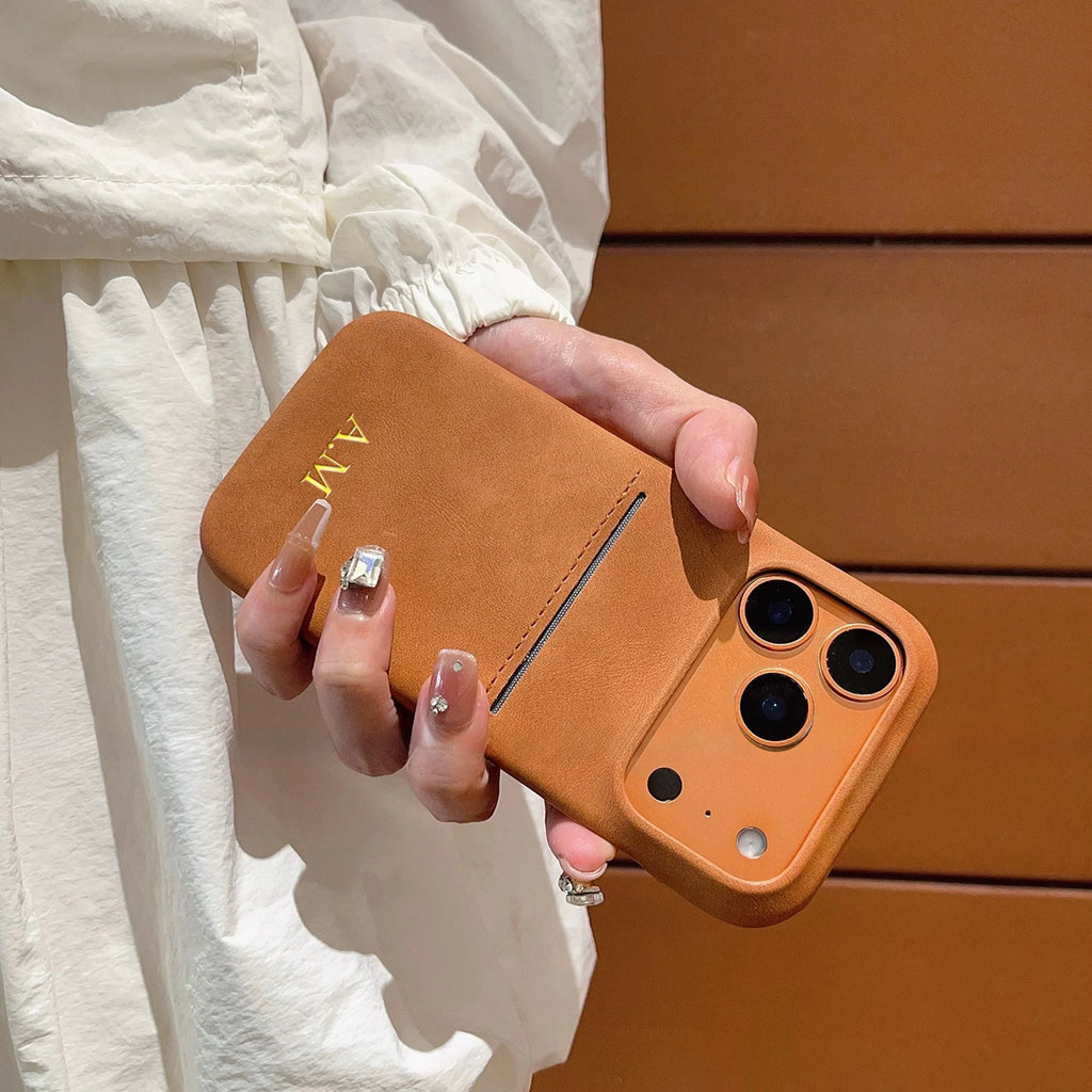 Funda de tarjeta insertable de piel sintética Vintage personalizada para iPhone 17 16 15 14 13 Pro Max Air nombre personalizado estampado de lámina dorada caliente