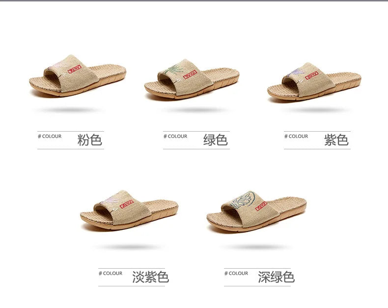 Zapatillas de lino antideslizantes para mujer, sandalias bordadas para el hogar, interior, Verano
