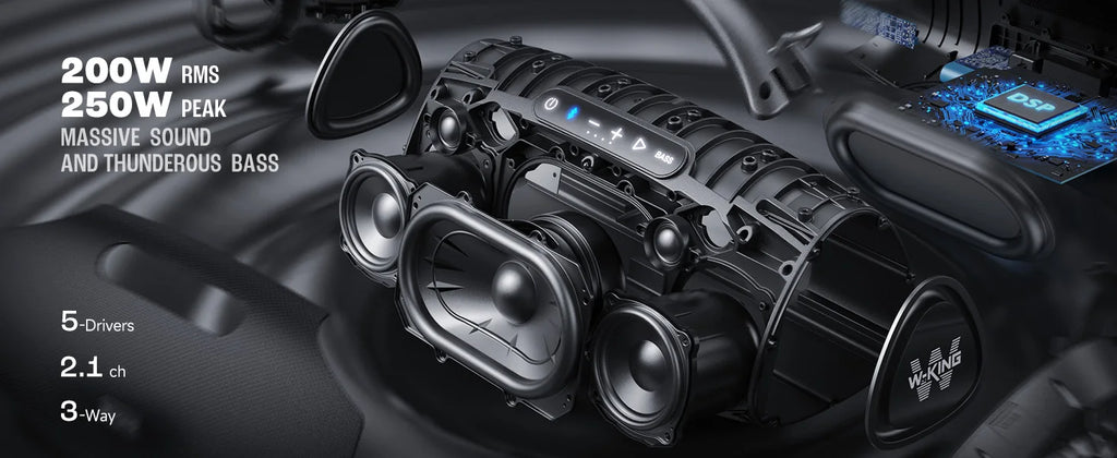 Altavoz Bluetooth W-KING X20 de 200W RMS, Gran Altavoz Portátil para Exteriores, 5 Unidades/3 Vías/Subwoofer de 7.5 Pulgadas/Aplicación Personalizada, Bajos Potentes/Entrada para Guitarra