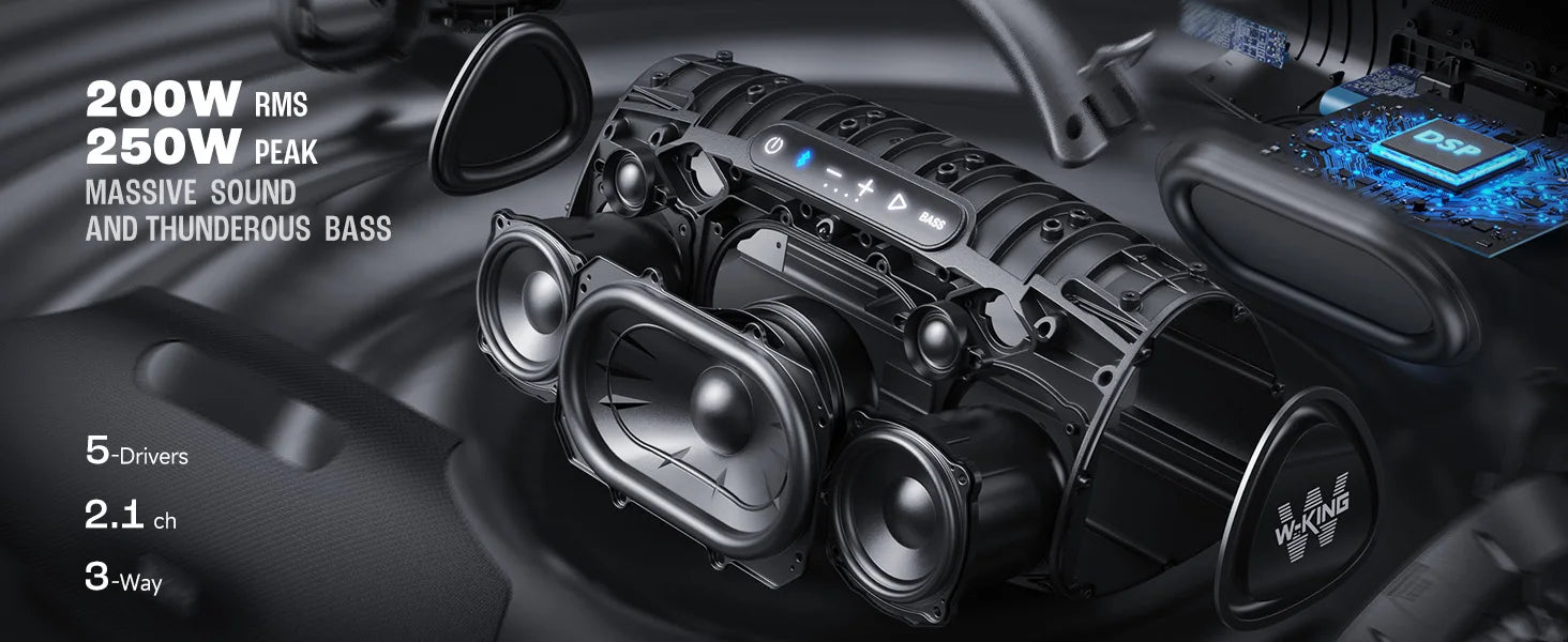 Altavoz Bluetooth W-KING X20 de 200W RMS, Gran Altavoz Portátil para Exteriores, 5 Unidades/3 Vías/Subwoofer de 7.5 Pulgadas/Aplicación Personalizada, Bajos Potentes/Entrada para Guitarra