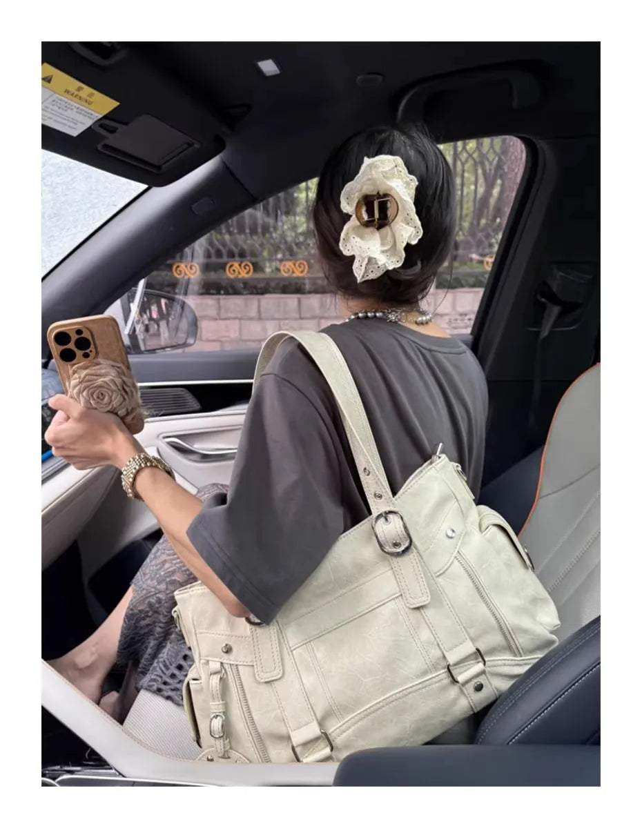 Bolso de mano con tachuelas Vintage para chica, bolso de hombro de gran capacidad con textura de cuero para mujer, bolso cruzado de viaje de estética Y2k