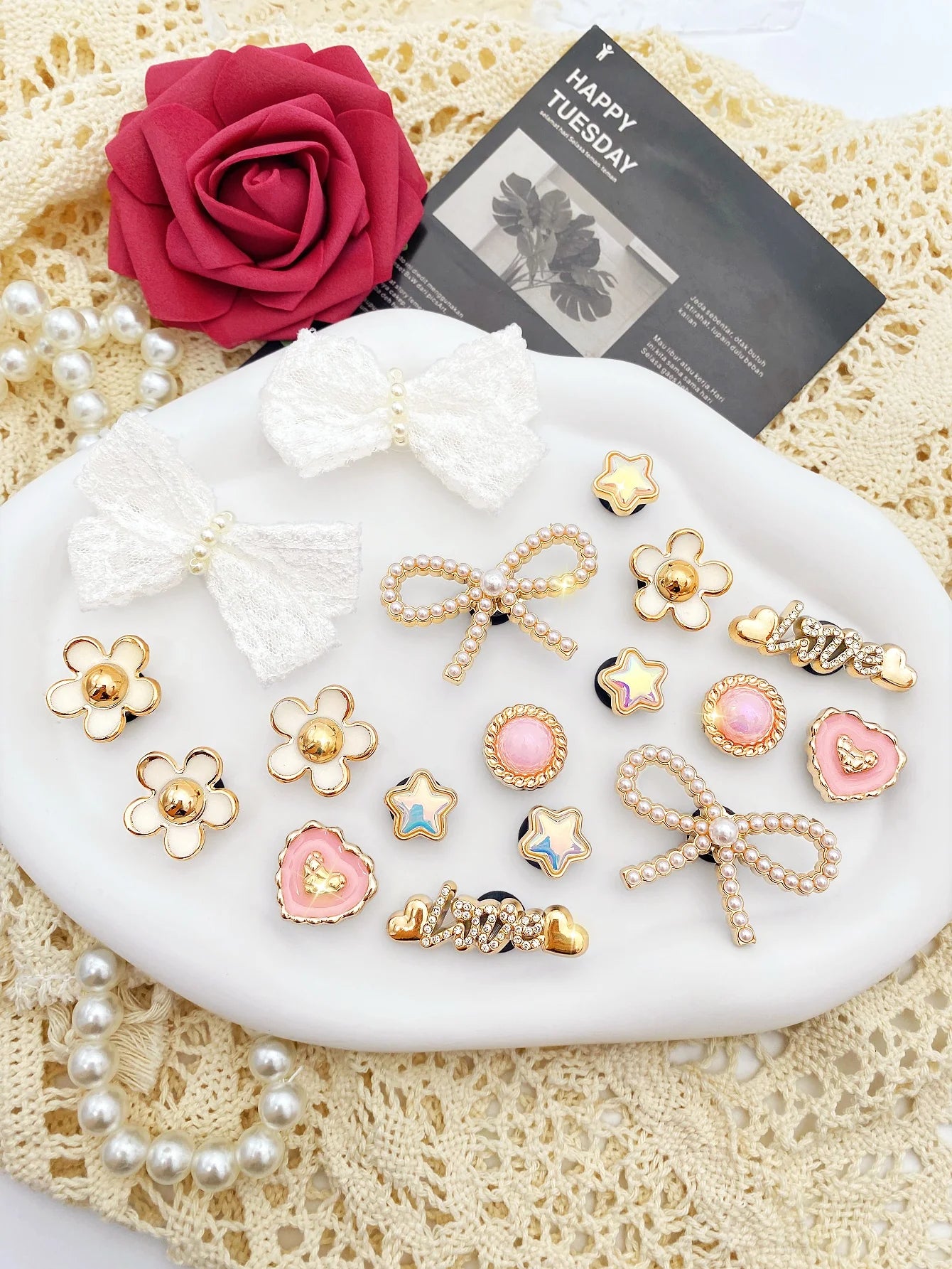 18 piezas de lazo de perlas ABS blanco, perla ABS redonda rosa, amor, flores blancas, pentáculo, botón de amor con letras, decoración DIY, suitab