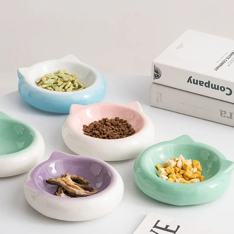 Cuenco de comida con forma de oreja de gato de fondo plano de cerámica creativo, plato de comedor, suministros antisuciedad para mascotas, cuenco para beber