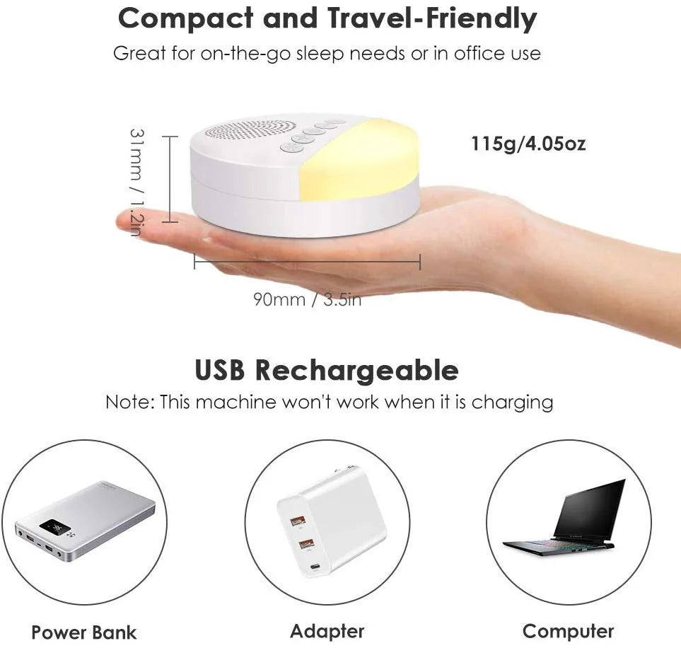 Máquina portátil de ruido blanco recargable por USB de 1200mAh con luz nocturna, 9 sonidos relajantes, temporizador de apagado para uso en el hogar/oficina