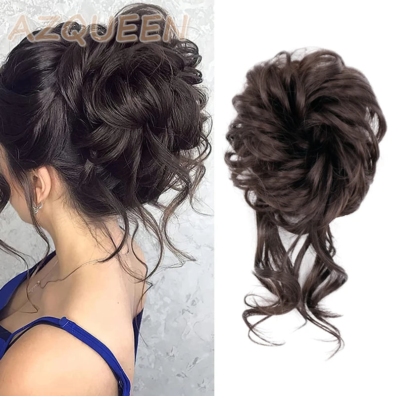 AZQUEEN moño de pelo sintético moño Natural gris desordenado banda para el cabello rizado elástico Scrunchy piezas de cabello falso para mujeres horquillas