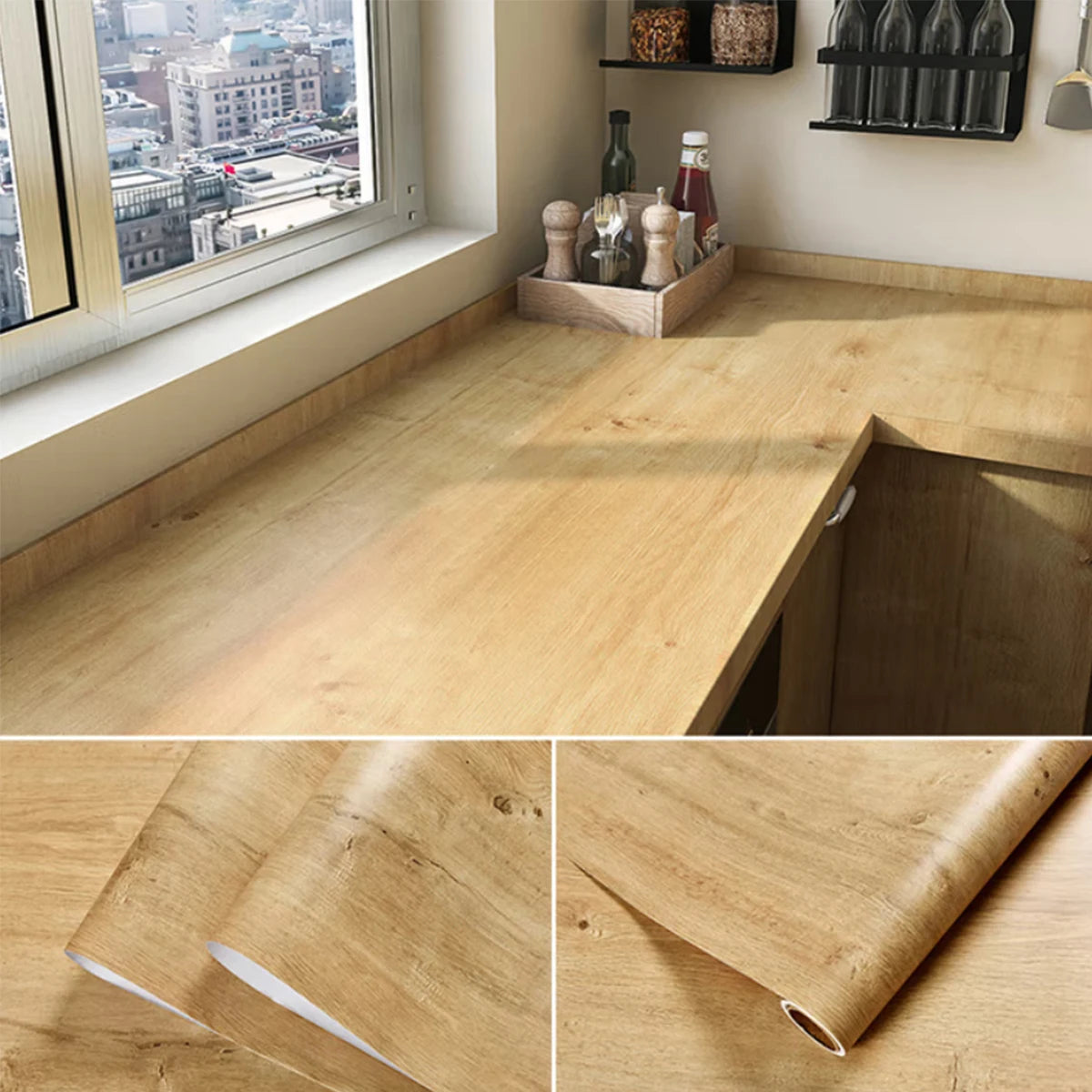 Rollo de papel tapiz adhesivo con 5 metros, pegatina impermeable de grano de madera, armario, puerta de escritorio, pegatinas de renovación de muebles
