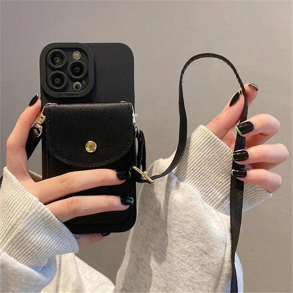 Funda de Lujo para Teléfono con Correa para el Cuello, Tipo Cartera de Cuero, para iPhone 16 Pro 14 11 12 13 15 17 Pro Max Plus, con Ranuras para Tarjetas