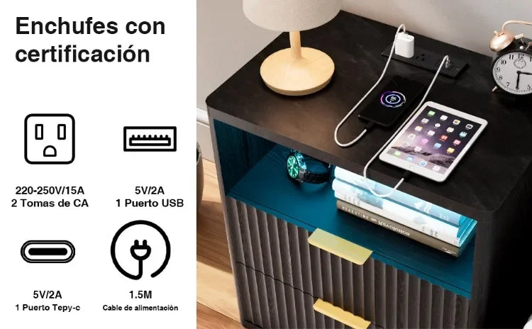 Mesita de noche para dormitorio, sala de estar, mesita de noche LED regulable, cajón moderno, mesita de noche de madera, muebles
