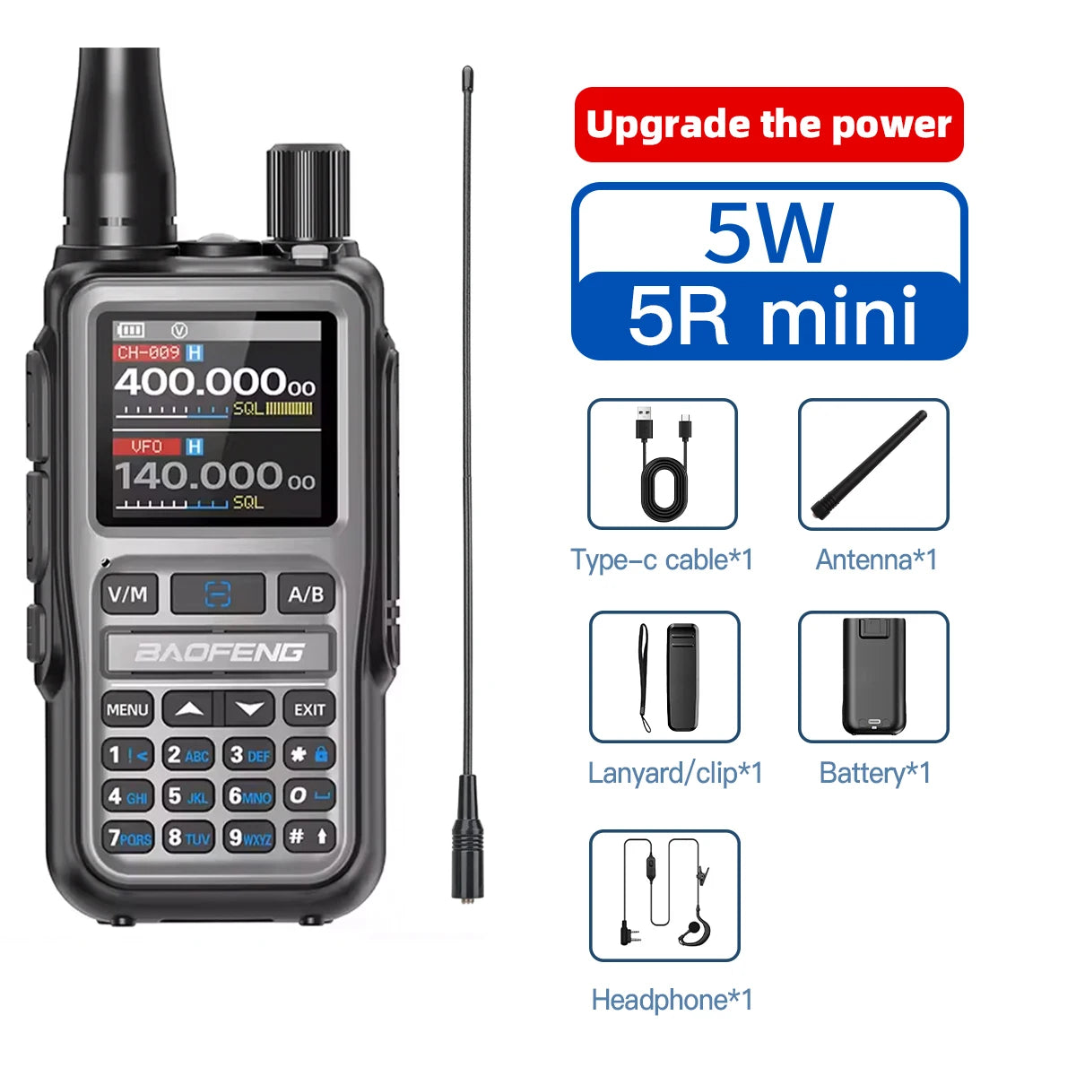 Baofeng UV 5RMINI Walkie Talkie de lectura de frecuencia inalámbrica AM de largo alcance cargador multibanda tipo C Radioaficionado 1 ud.