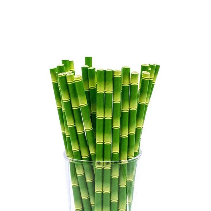 25 unids/lote pajitas de papel de bambú verde Feliz cumpleaños boda evento decorativo suministros para fiestas tropicales pajita para beber
