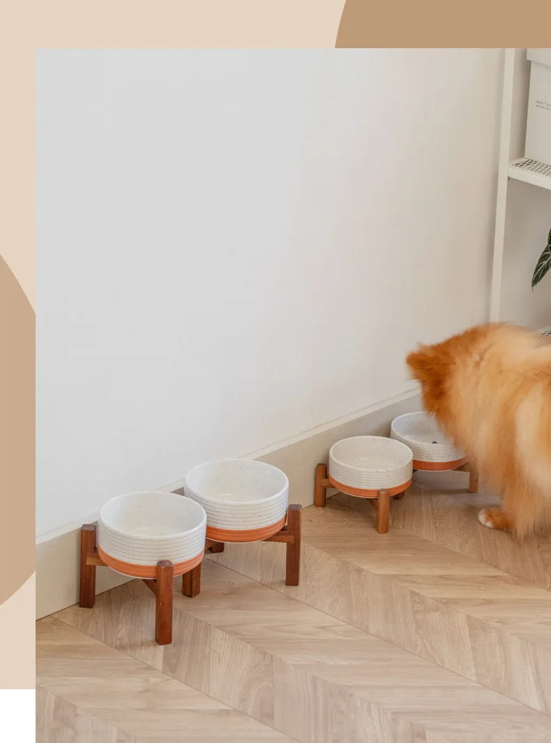 Cuencos grandes de cerámica para mascotas de 1800 ml con soporte de madera: platos de alimentación para perros grandes elevados dobles, cuencos antideslizantes para gatos