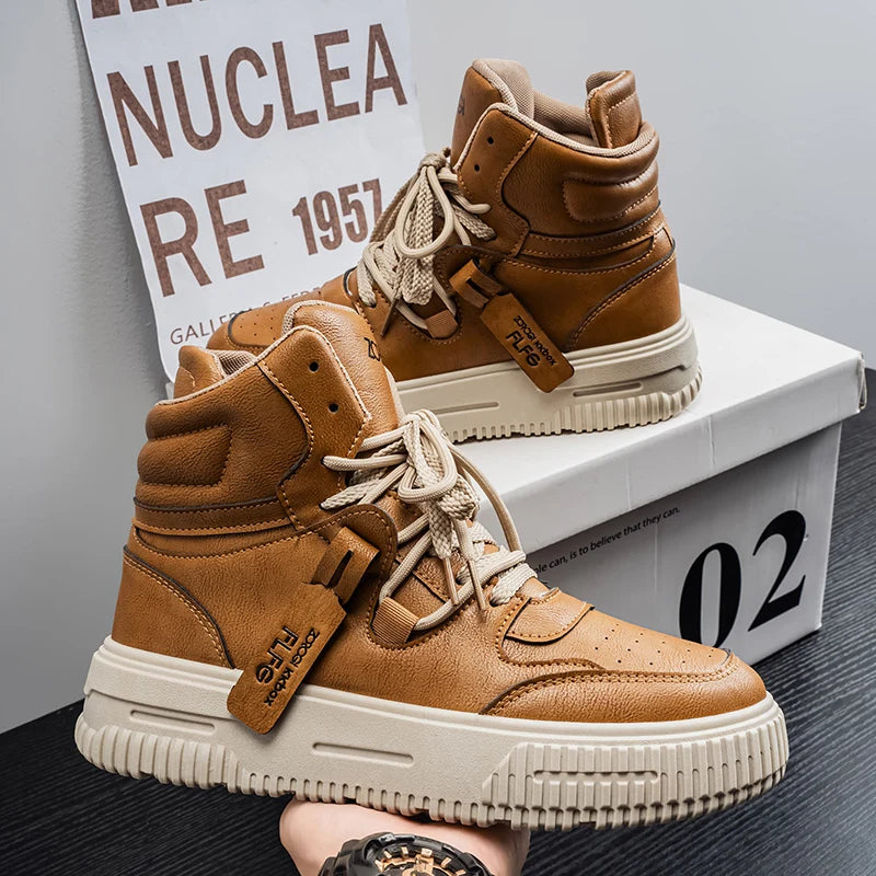 Botines de Cuero de moda, zapatillas de Skate para hombre, cómodas, antideslizantes, suela resistente al desgaste, botas de invierno, zapatos informales de calle Preppy