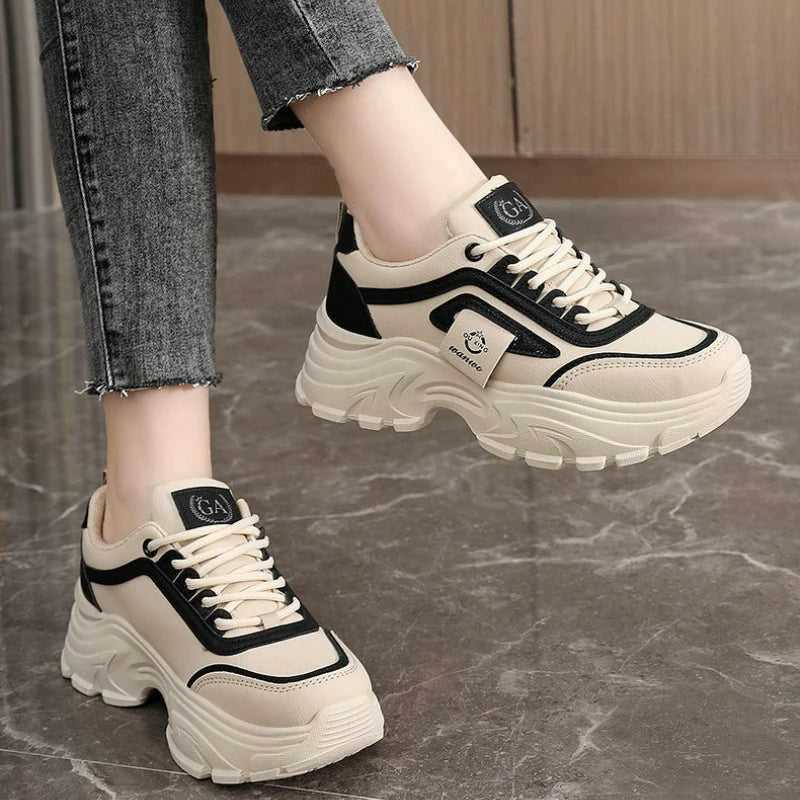 Zapatillas de deporte para mujer, zapatos de cuero con aumento de altura, zapatos informales con cordones a la moda, zapatos vulcanizados para exteriores, zapatos de plataforma de diseñador para mujer